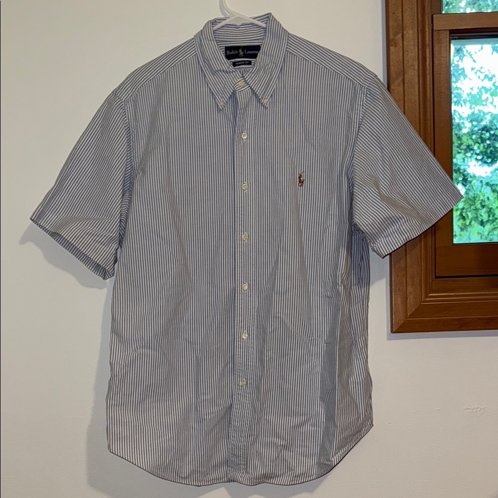 Vintage Ralph Lauren Men's blue and White Striped Shirt